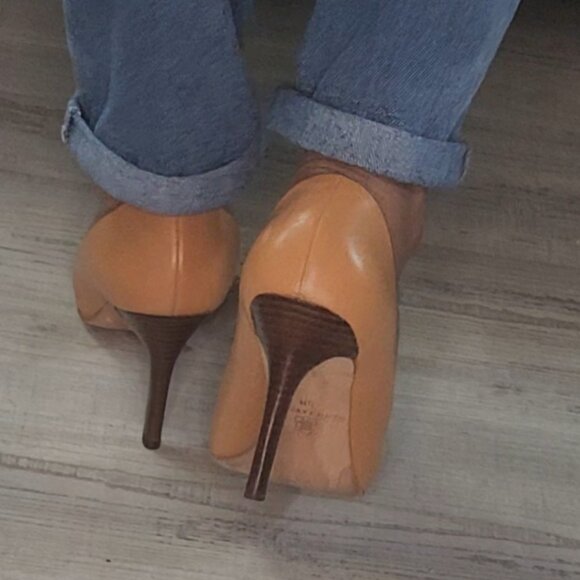 100% Leather Camel Brown Ann Taylor Open Toe Heels Size 8 - Picture 5 of 14